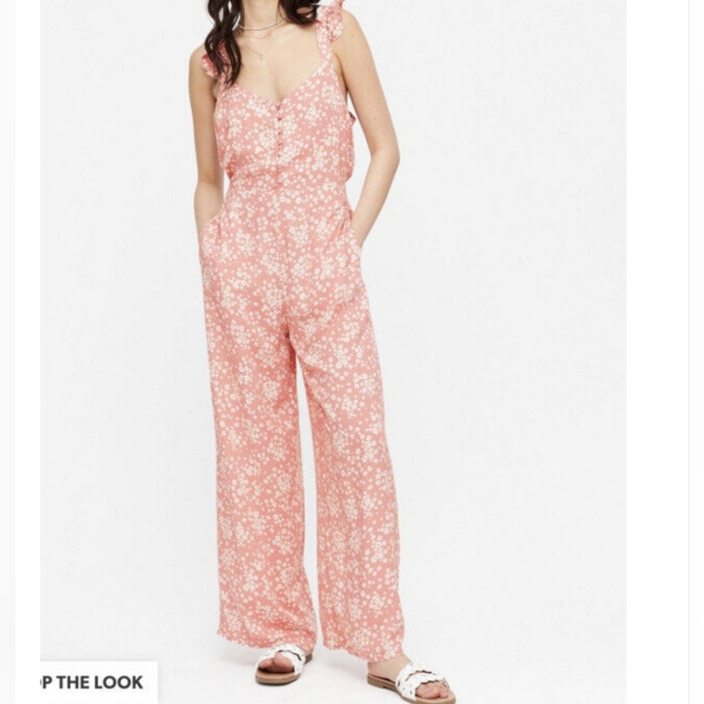 Newlook Pink Ditsy Floral Frill Strap Wide Leg Jumpsuit